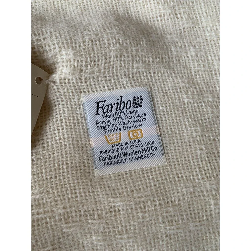 Vintage Faribo Throw Blanket 60% Wool Cream Yellow Color 46”x 52” USA